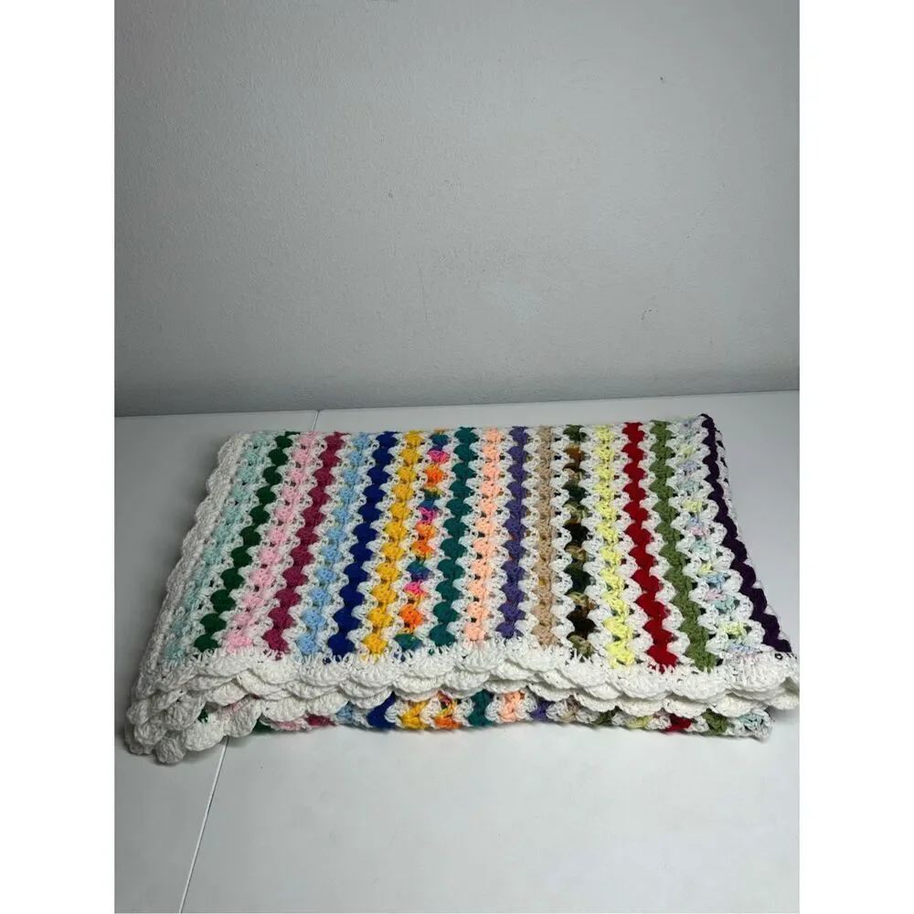 Vintage Crochet Afgan Blanket Zip Zag Multi Color